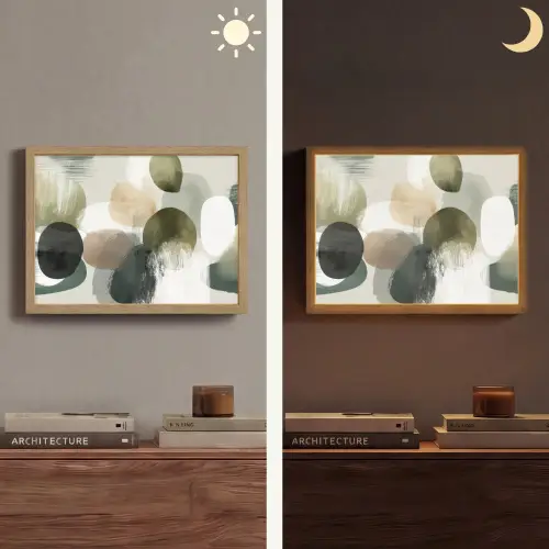 Minimalistisch - Cirkels - Penseelstreken - Beige Light Box met batterij (Wandlamp) middel -sfeer3