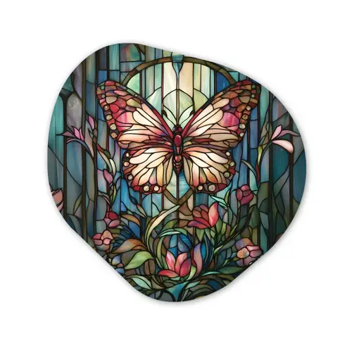 Vlinder - Roze - Bloemen - Bladeren Wandcirkel Organisch Aluminium middel -3d