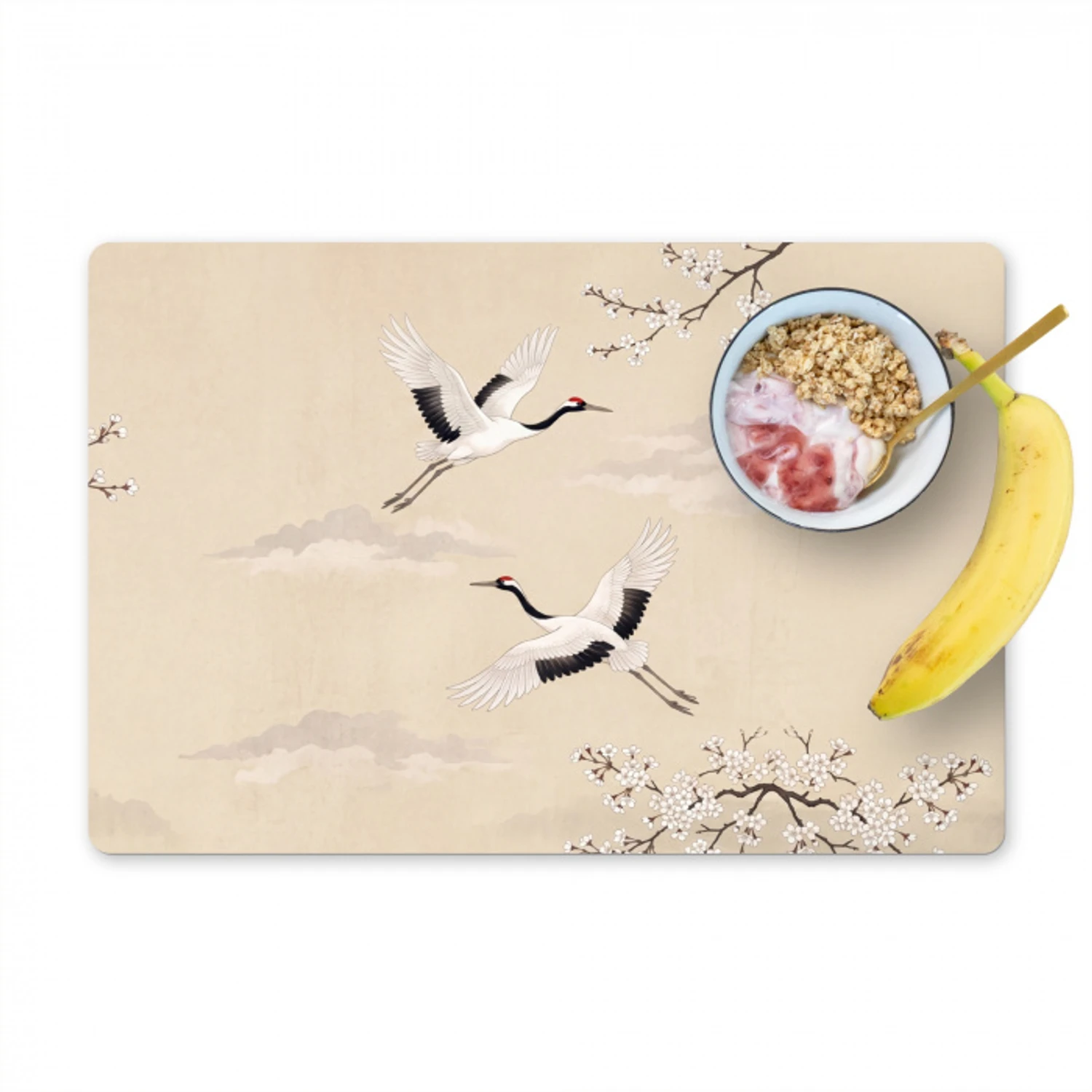 Kraanvogels - Bloesem - Beige Placemat vinyl groot -zzzproduct_Kitchenyeah-website
