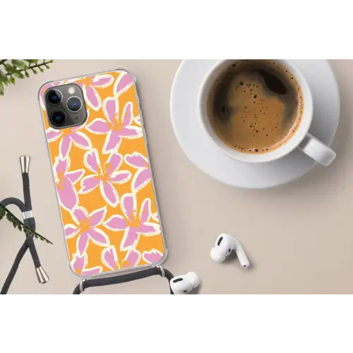 Bloemen - Patroon - Roze  - Oranje Hoesje iPhone 12 Pro met koord klein -oordop