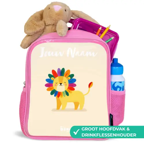 Leeuw - Manen - Kleurrijk Kinderrugzak - Roze middel -inhoud_NL