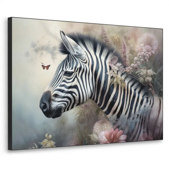 Zebra - Wilde dieren - Vlinder - Bloemen Textielframe zwart klein -3d