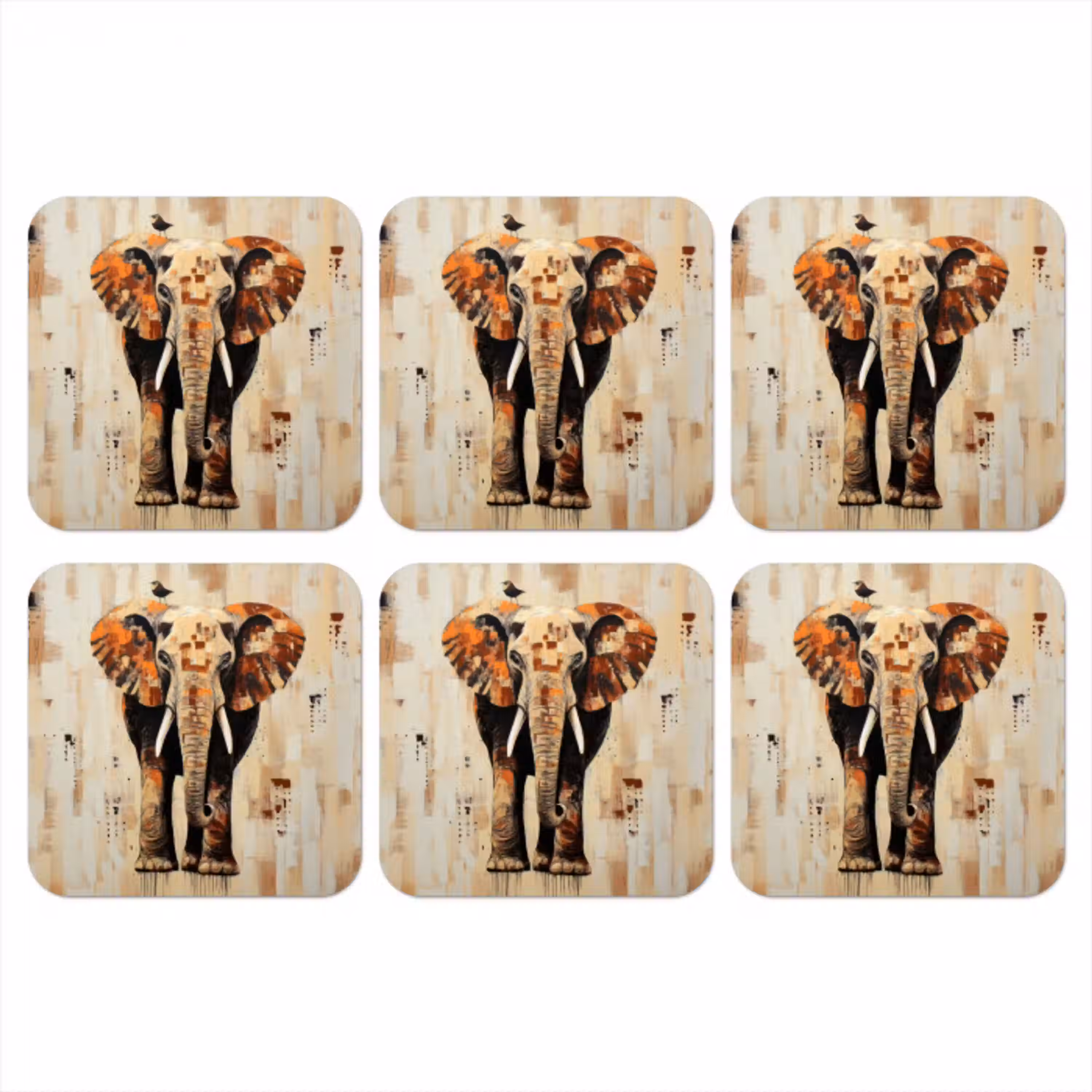 Olifant - Slurf - Mozaïek - Abstract onderzetter kurk middel -3d