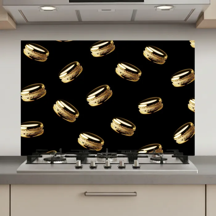 Macarons - Patroon - Goud - Zwart keuken achterwand spatscherm klein -3d_website