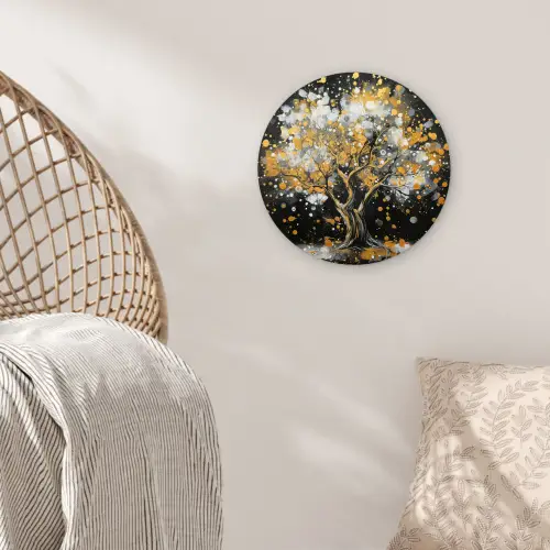 Boom - Zwart - Goud - Wit - Modern Wandcirkel kunststof plaat 5mm dik klein -sfeer5