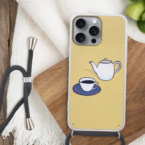 Theepot - Kopje - Beige - Illustratie Hoesje iPhone 16 Pro Max met koord klein -sfeer4