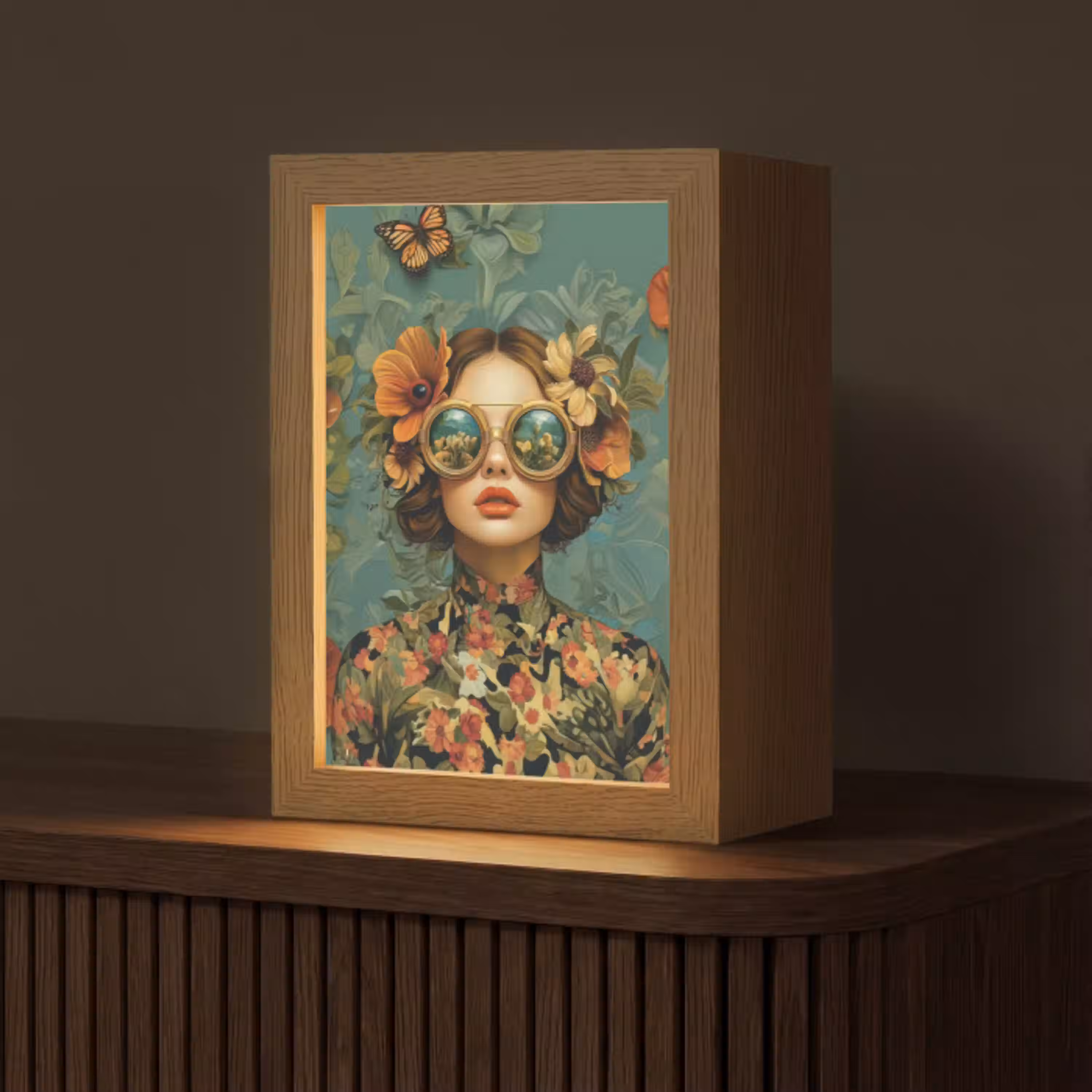 Vrouw - Bloemen - Vlinders - Natuur - Vintage Light Box met kabel (Tafellamp) klein -z3d_website