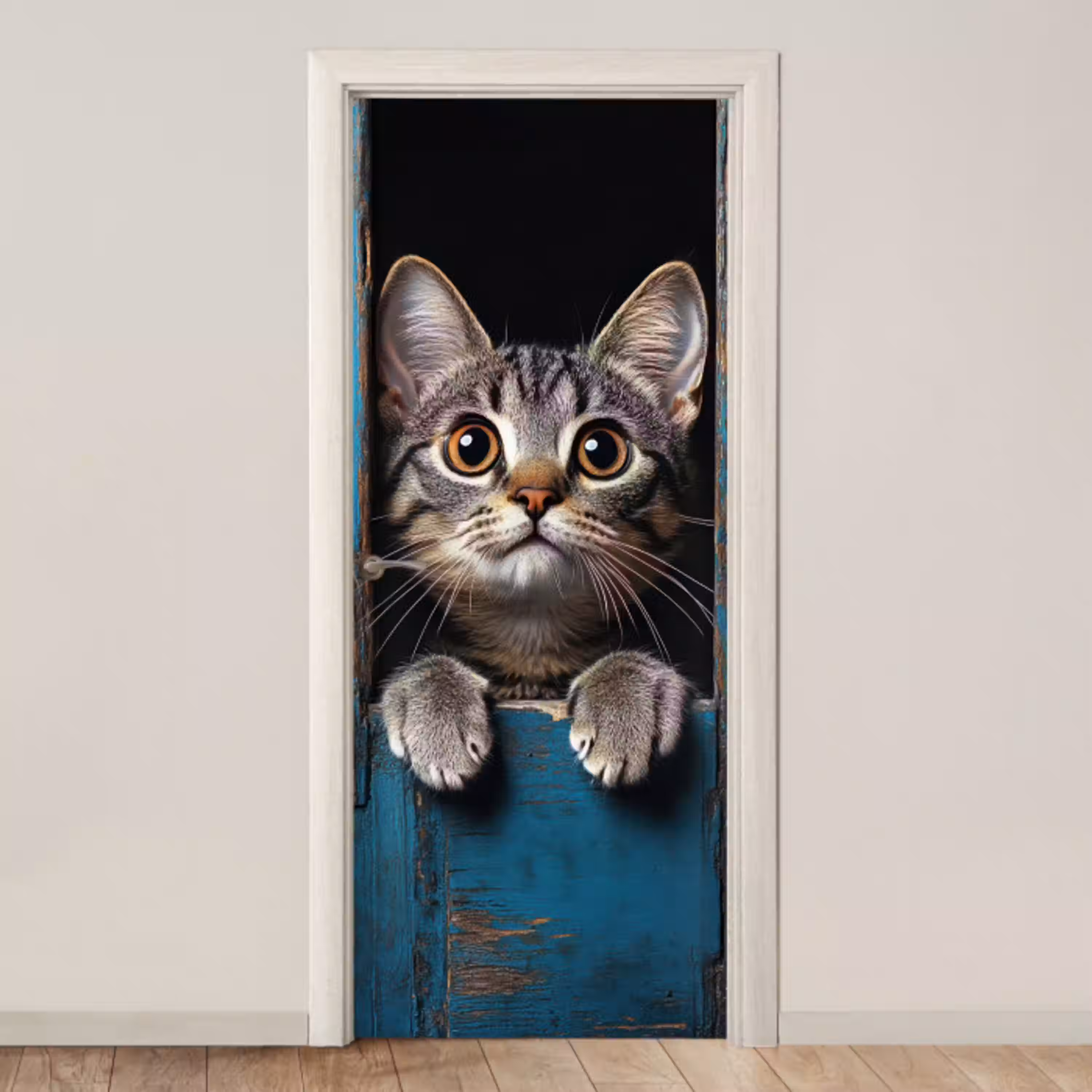 Kat - Doorkijk - Hout - Dieren - Blauw deurposter klein -3d_beige