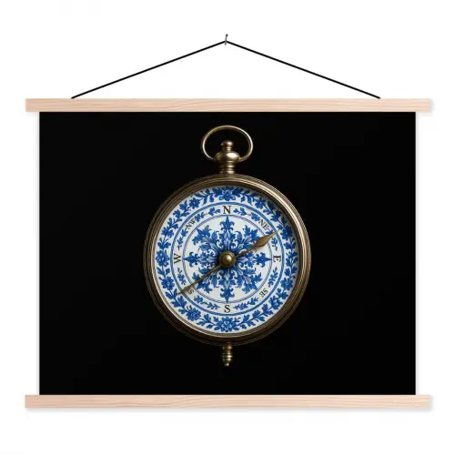 Kompas - Delfts blauw - Zwart textielposter latten blank klein -3d