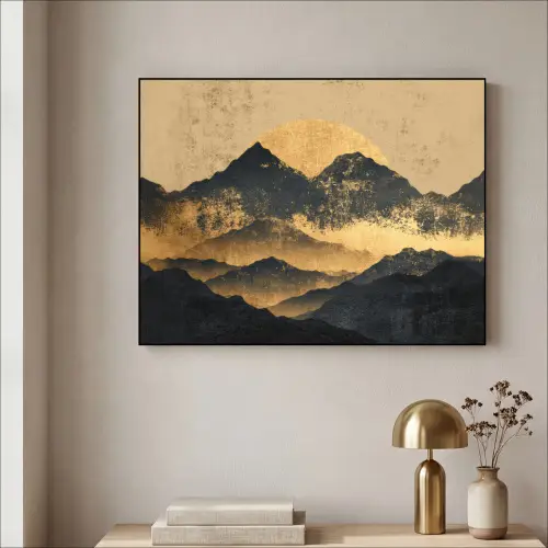 Gouden Bergen bij Maanlicht Textielframe zwart klein -sfeer2