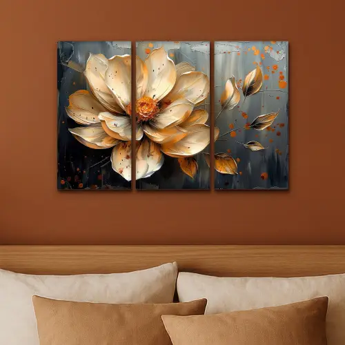 Bloem - Goud - Abstract - Verf Canvas - Meerluiken 3 luik klein -sfeer2
