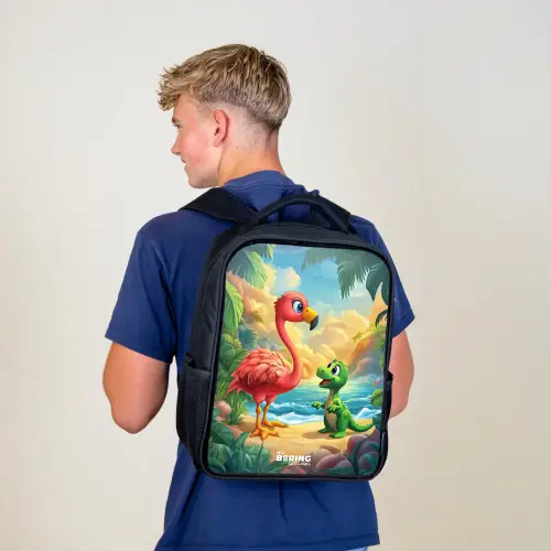 Flamingo en dinosaurus op strand bij ondergaande zon Rugzak - Zwart middel -sfeer8