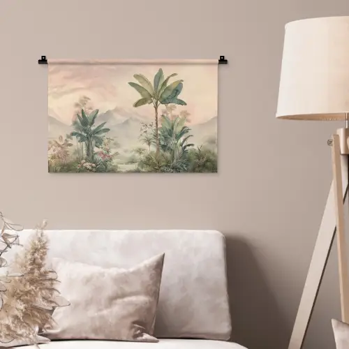 Tropisch landschap - palmbomen - Bloemen - Roze lucht Wandkleed katoen klein -sfeer4