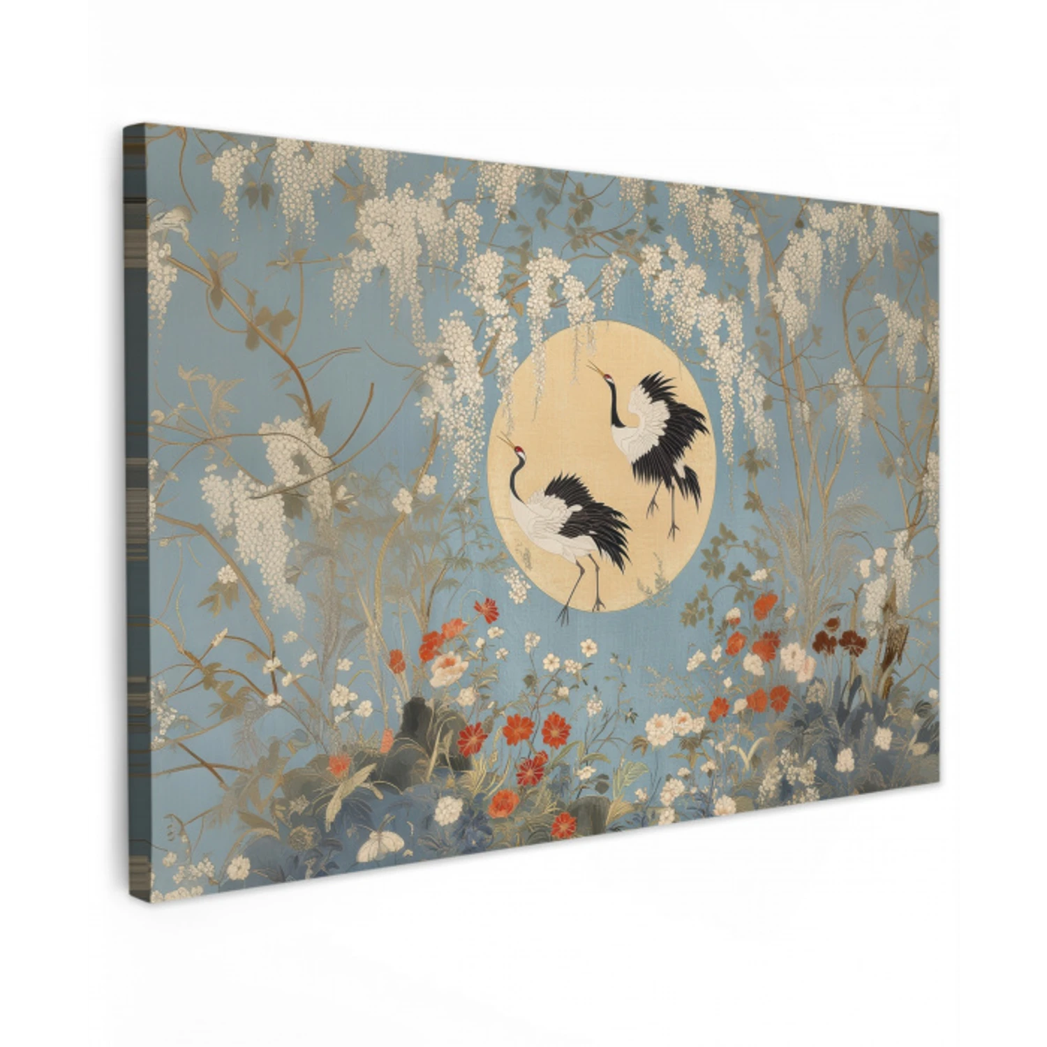 Kraanvogels - Maan - Bloemen - Blauw Tuinposter op houten frame 2 cm dik klein -3d