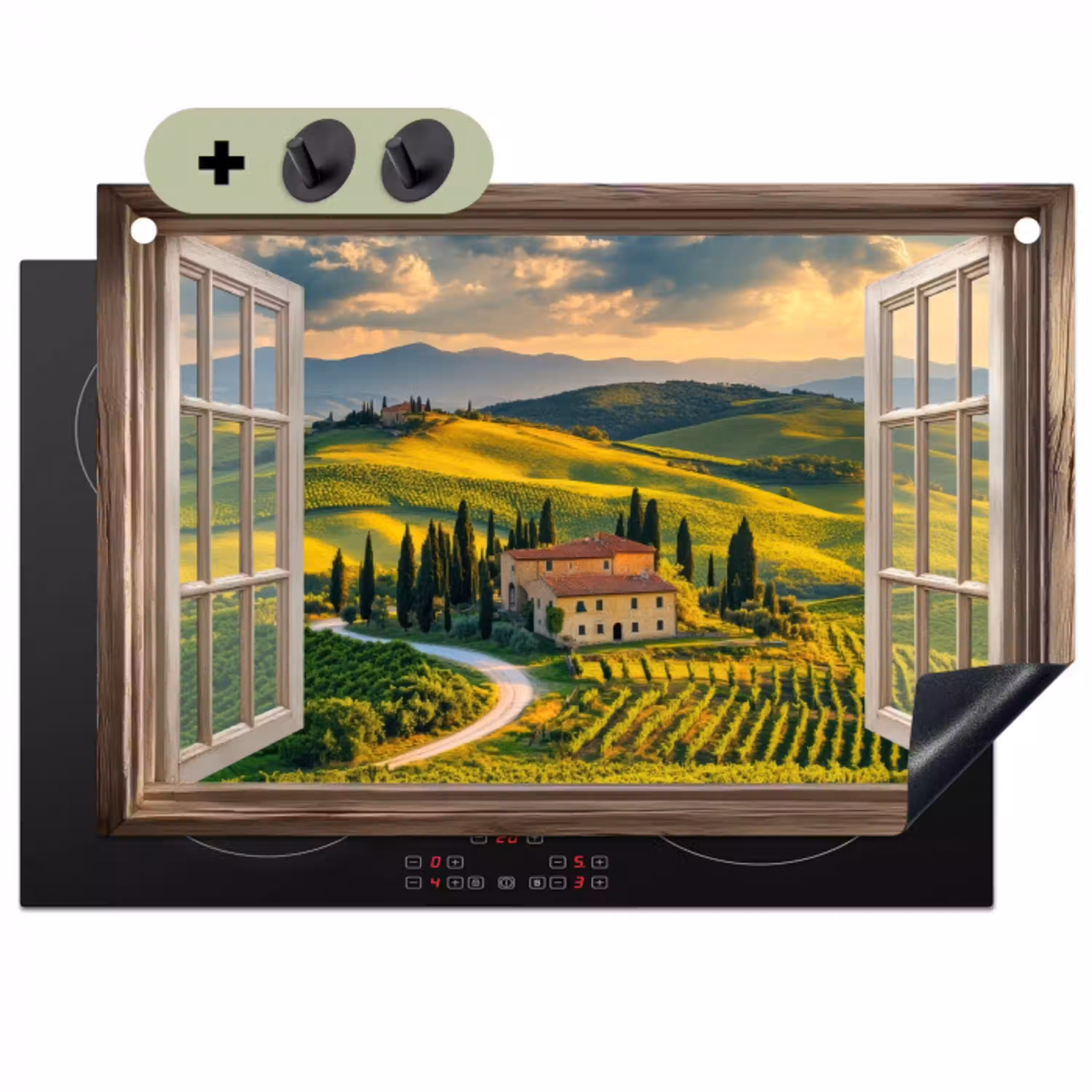 Doorkijk - Toscane - Uitzicht - Landschap - Zomer Inductie beschemer met haakjes klein -3d