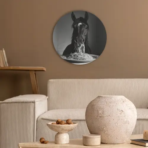 Paard - Bord - Pasta - Tafelkleed - Zwart Wit - Dieren Akoestische PET Vilt - Rond klein -sfeer1