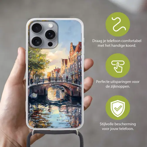 Brug - Stad - Huizen - Boot Hoesje iPhone 16 Pro Max met koord klein -sfeer2_NL