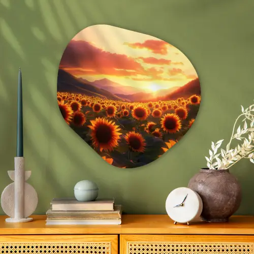 Zonnebloemen - Zonsondergang - Landschap Wandcirkel Organisch Plexiglas middel -sfeer2
