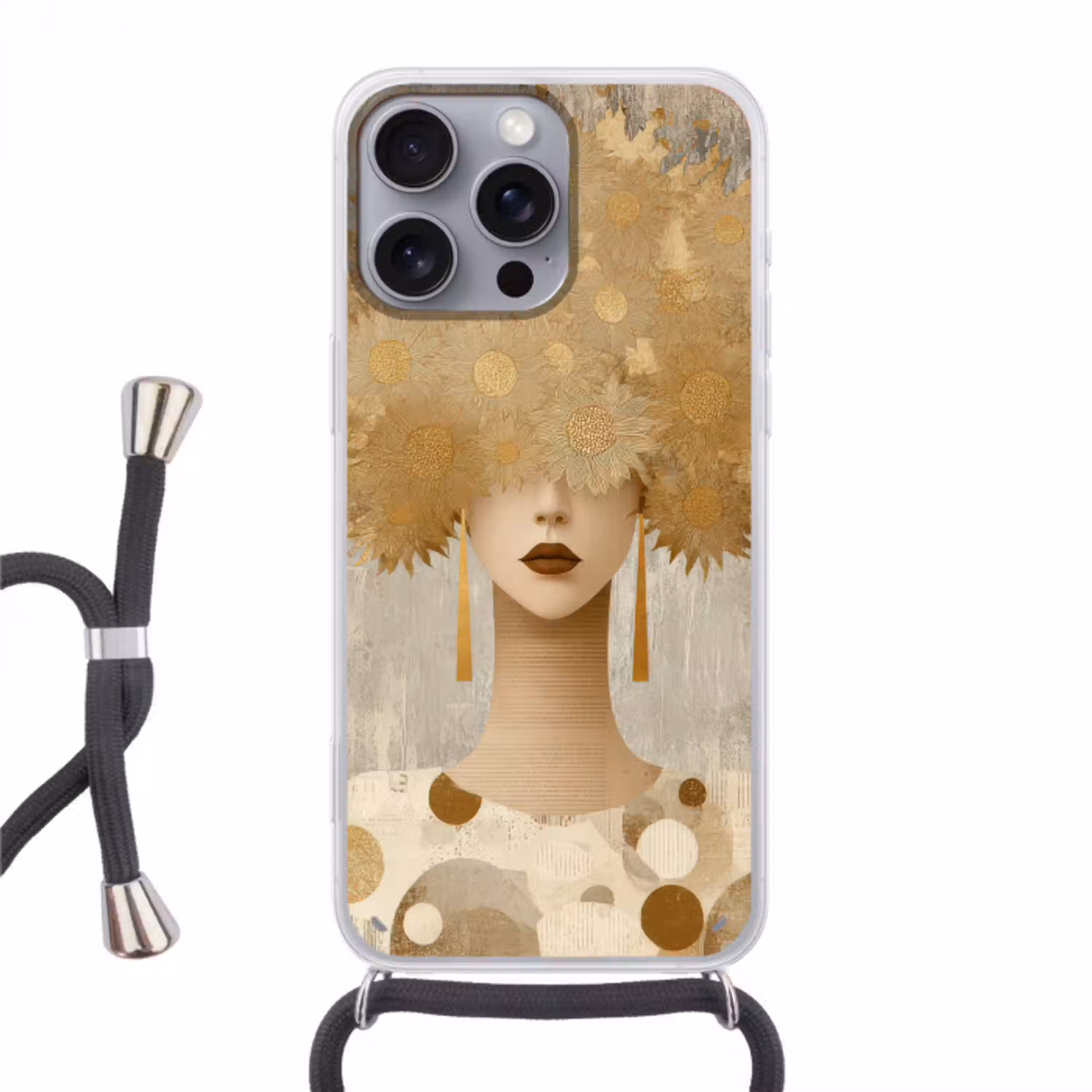 Goud - Portret - Vrouw Hoesje iPhone 16 Pro Max met koord klein -3d