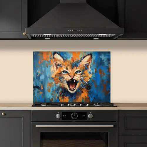 Kat - Kleurrijk - Oranje - Blauw keuken achterwand spatscherm klein -sfeer1