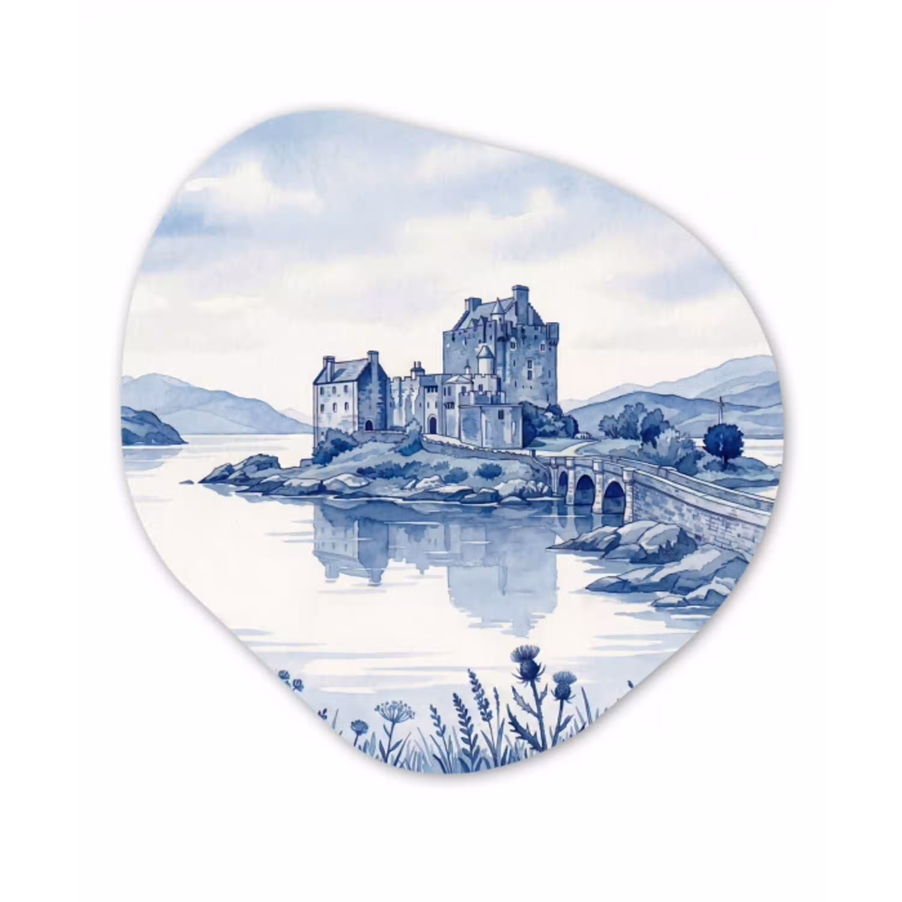 Schots - Kasteel - Blauw - Aquarel Wandcirkel Organisch Aluminium middel -3d