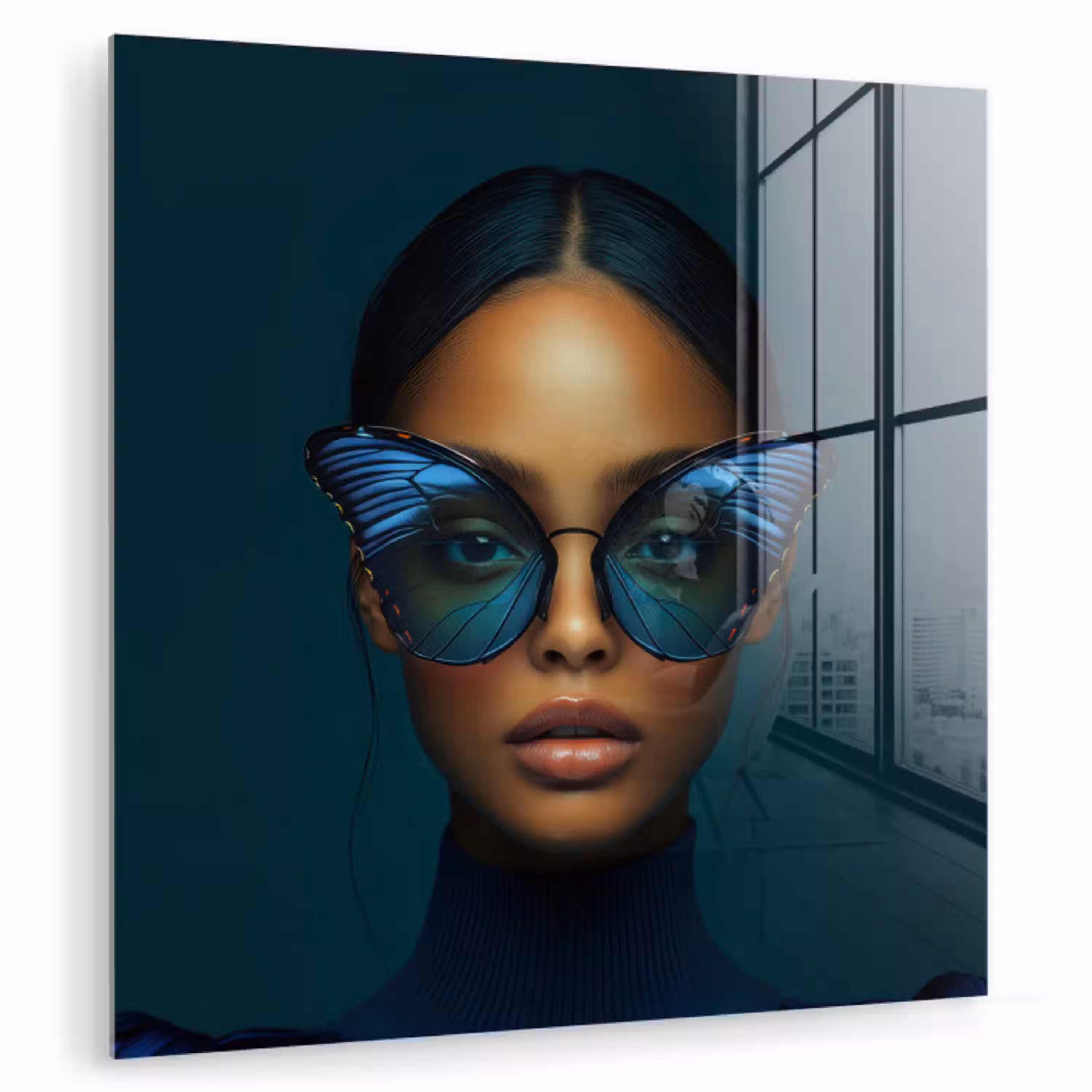 Vrouw - Vlinder - Bril - Blauw - Modern - Portret plexiglas 5mm klein -zzzproduct_nieuw
