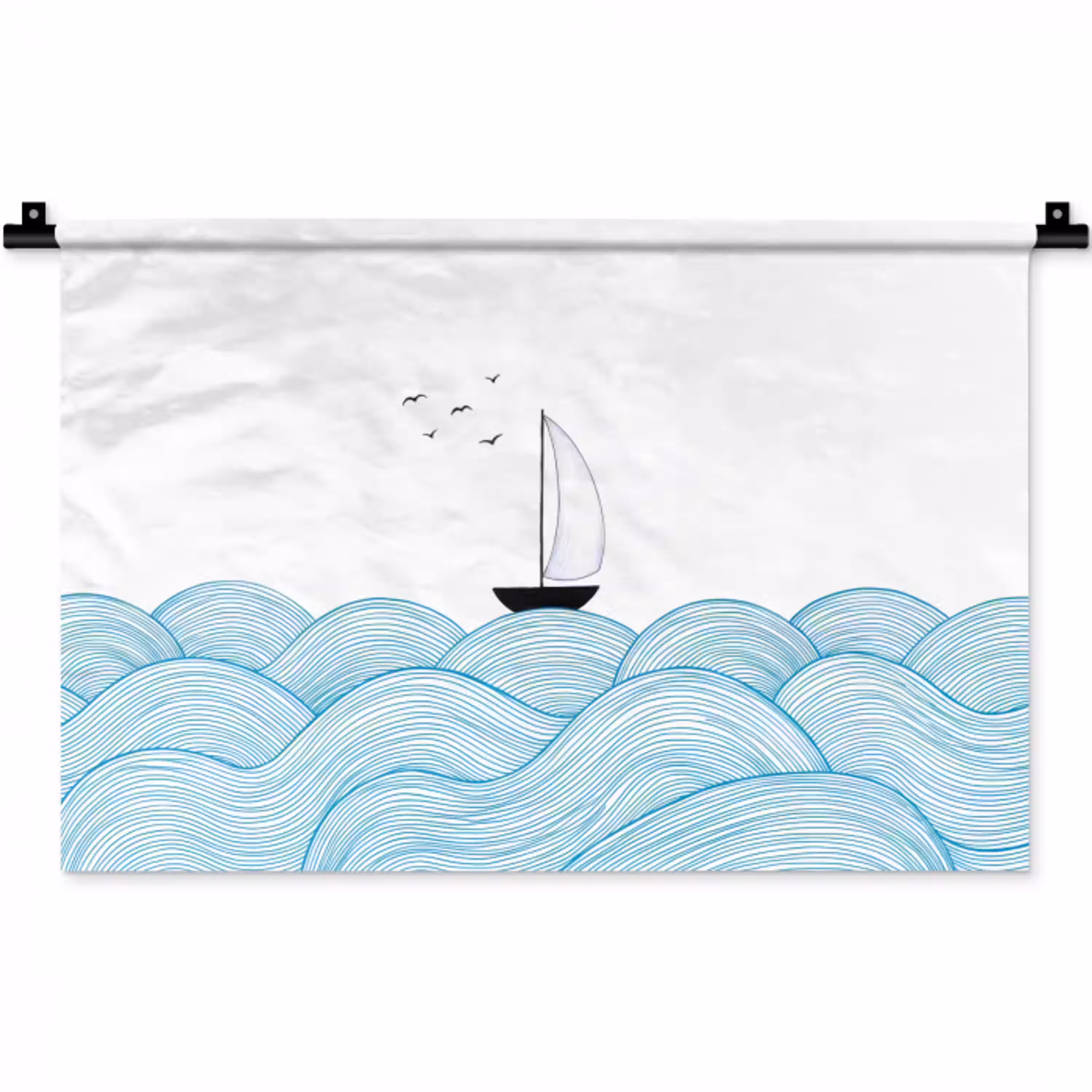 Zeilboot - Golven - Zee - Illustratie - Blauw Wandkleed katoen klein -zz3d