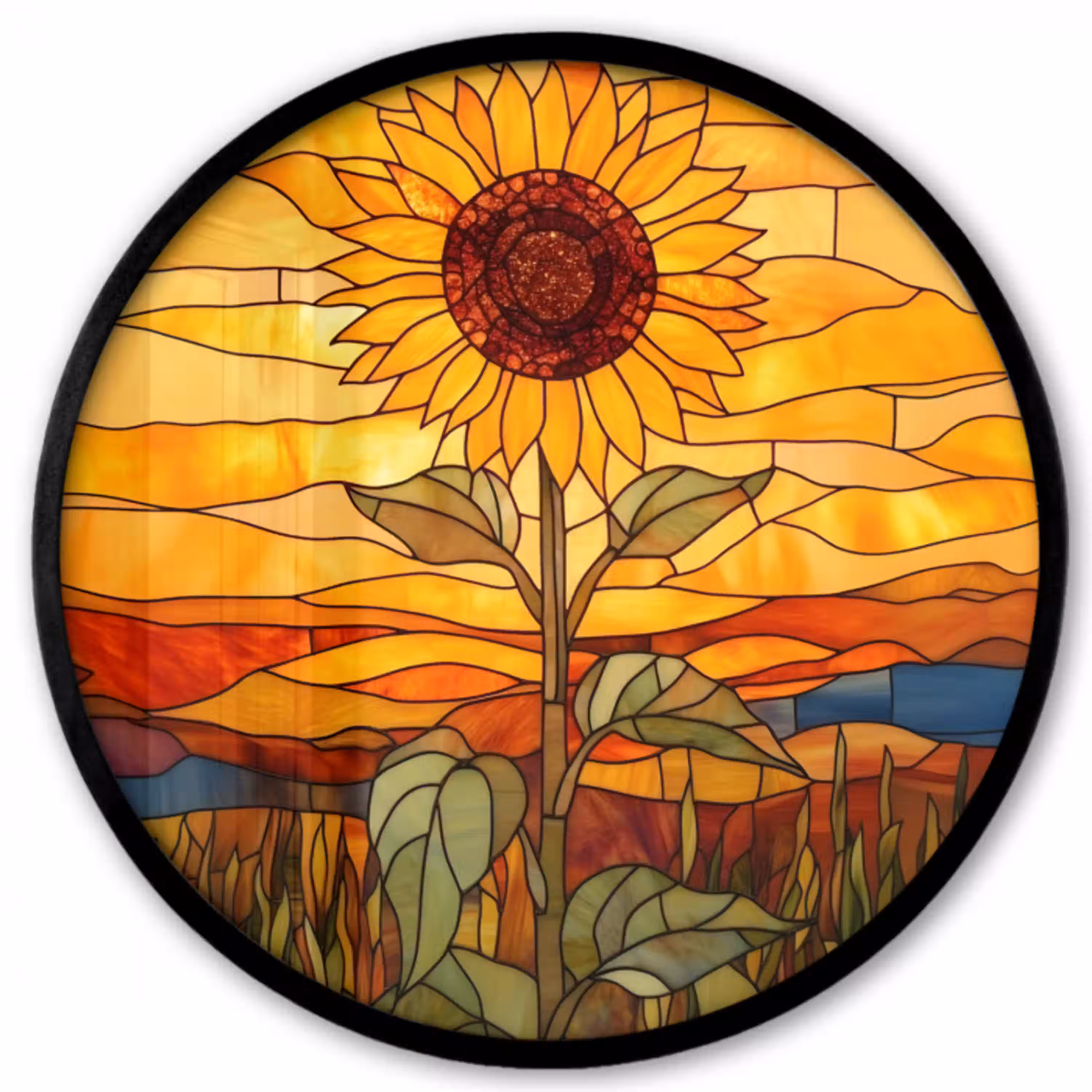 Zonnebloem - Mozaïek - Zonsondergang - Geel Fotolijst rond zonder passe partout klein -3d