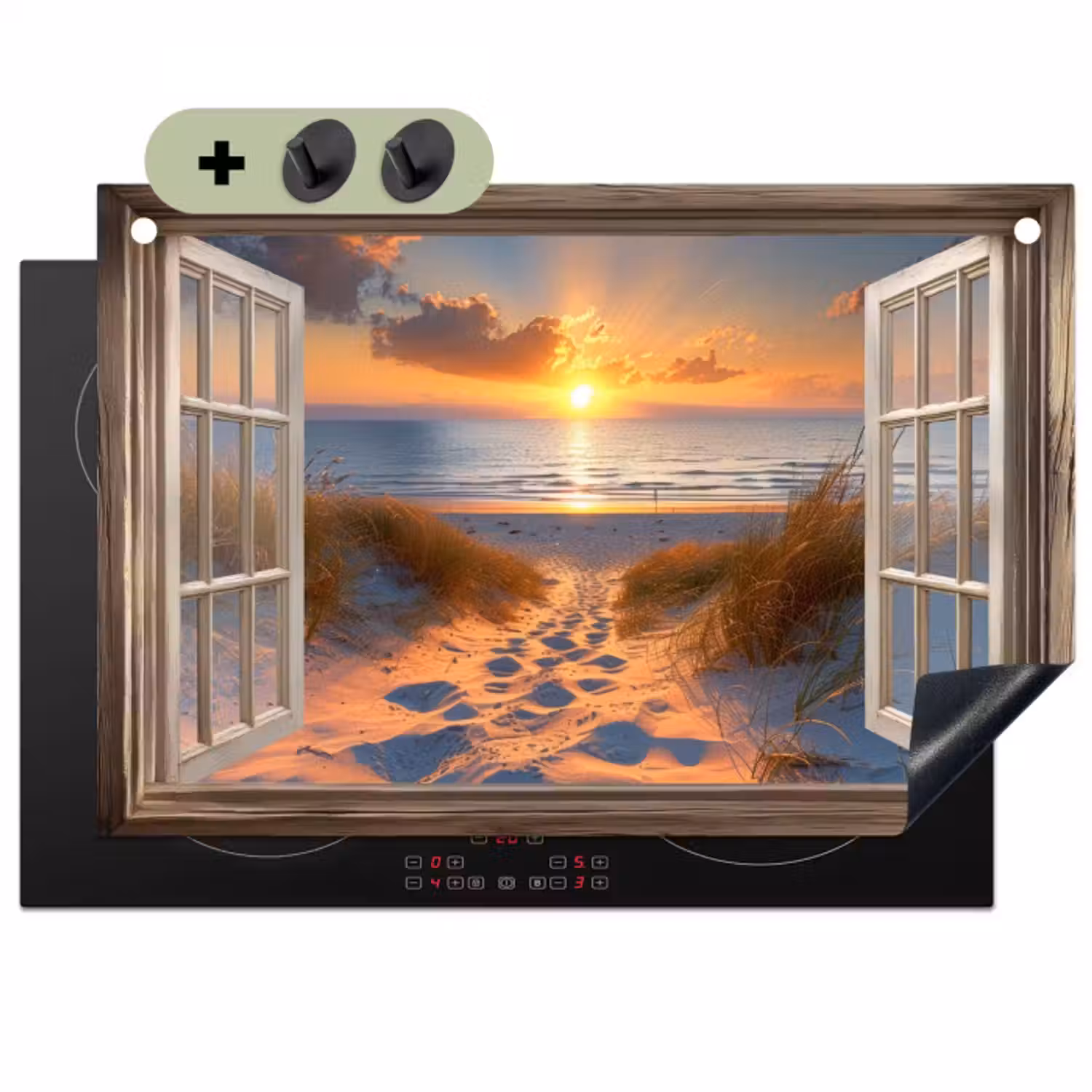 Inductie beschermer en spatscherm (2in1) - Doorkijk - Strand - Duinen - Zonsondergang