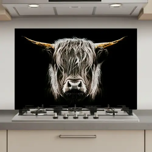 Schotse hooglander - Goud - Hoorns - Zwart wit - Koe - Dieren keuken achterwand spatscherm klein -3d_website