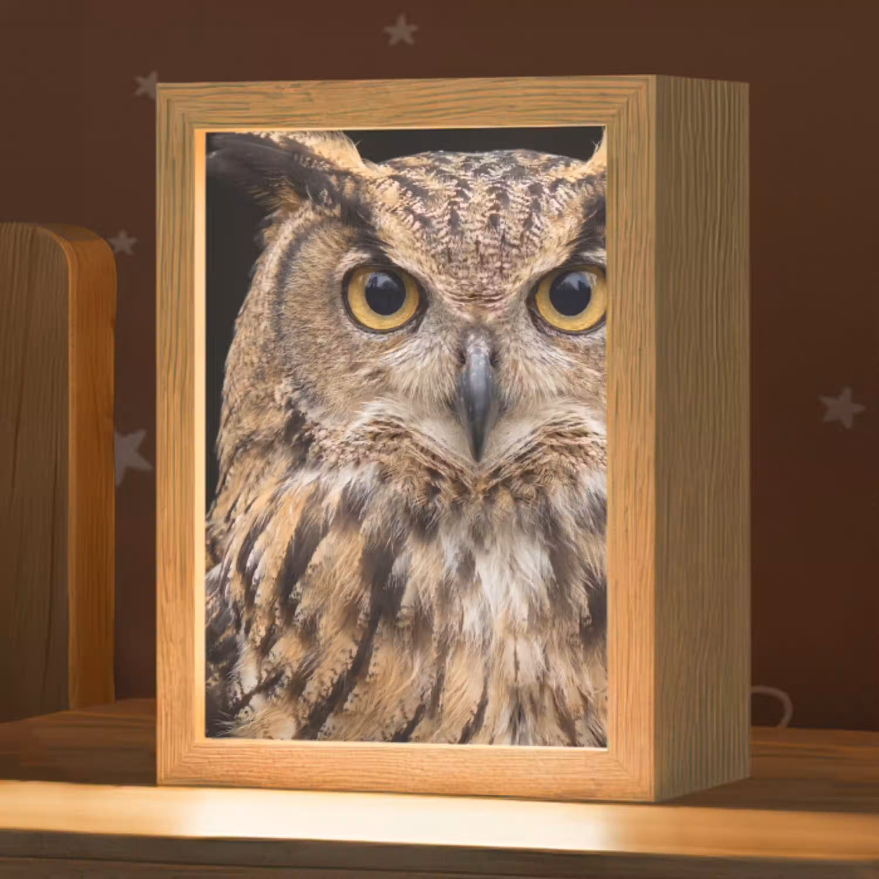 Oehoe - Uil - Portret - Bruin Light Box met kabel (Kinderlampje) klein -zzz_3d_website