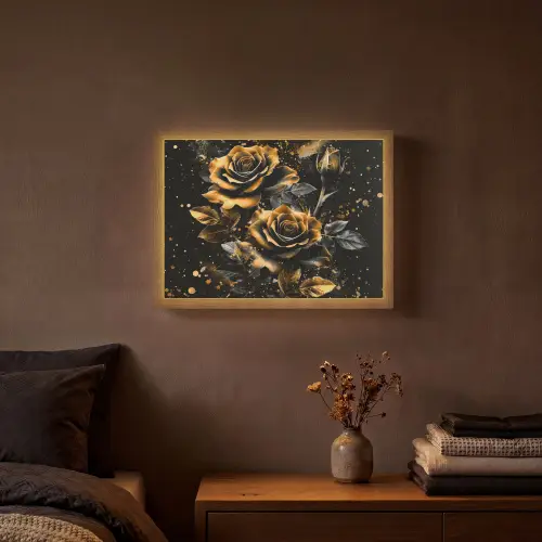Rozen - Goud - Zwart - Bloemen - Modern Light Box met batterij (Wandlamp) middel -sfeer4