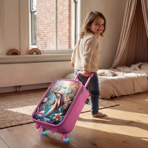 Dolfijn en vissen in onderwater bloemenwereld Kinderkoffer - Roze klein -sfeer1