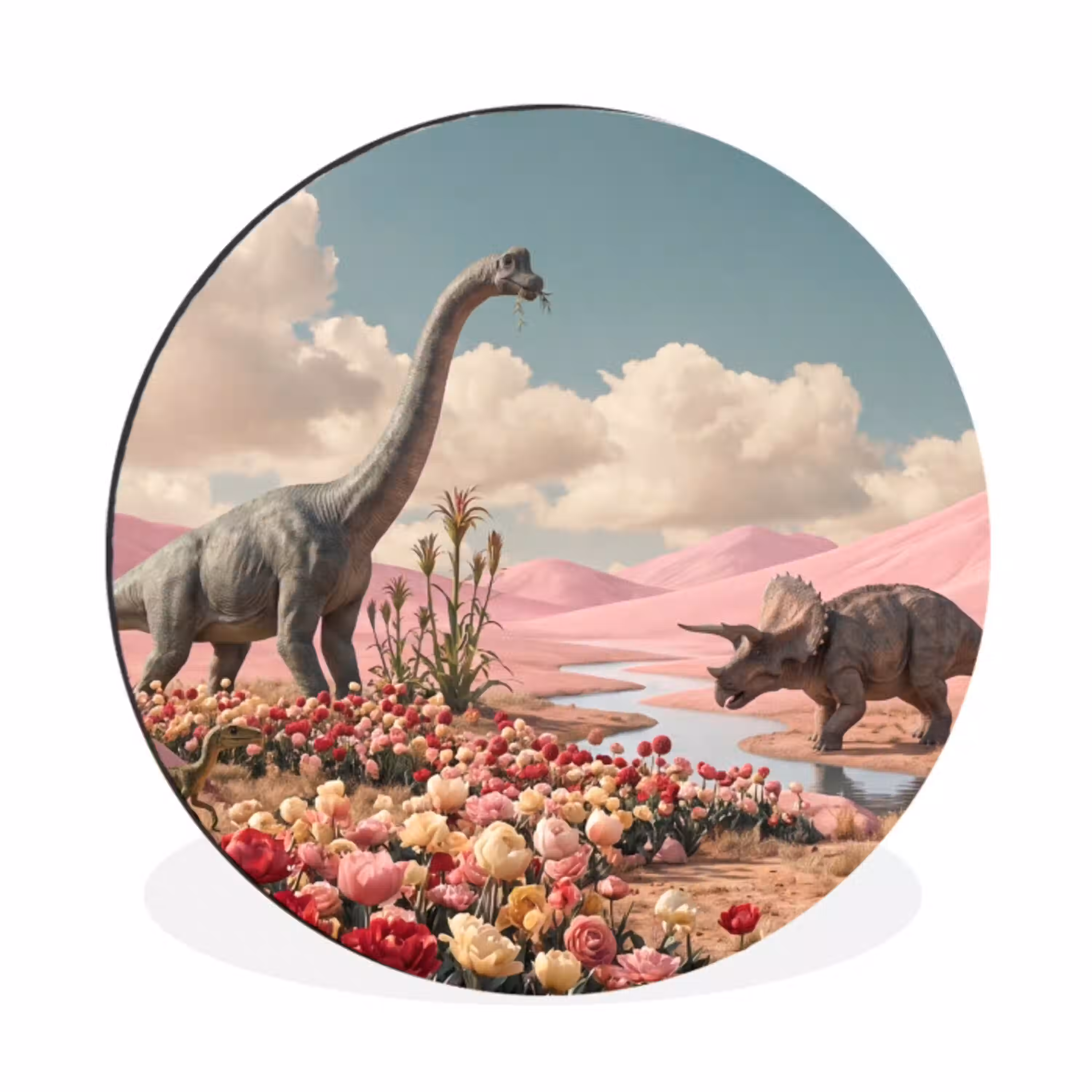 Dinosaurus - Roze - Landschap Wandcirkel aluminium klein -3d