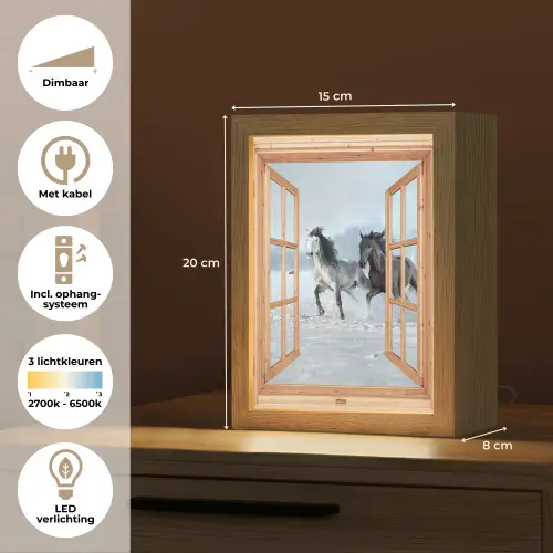 Doorkijk - Paarden - Winter - Dieren - Natuur - Hout Light Box met kabel (Tafellamp) klein -USP_NL