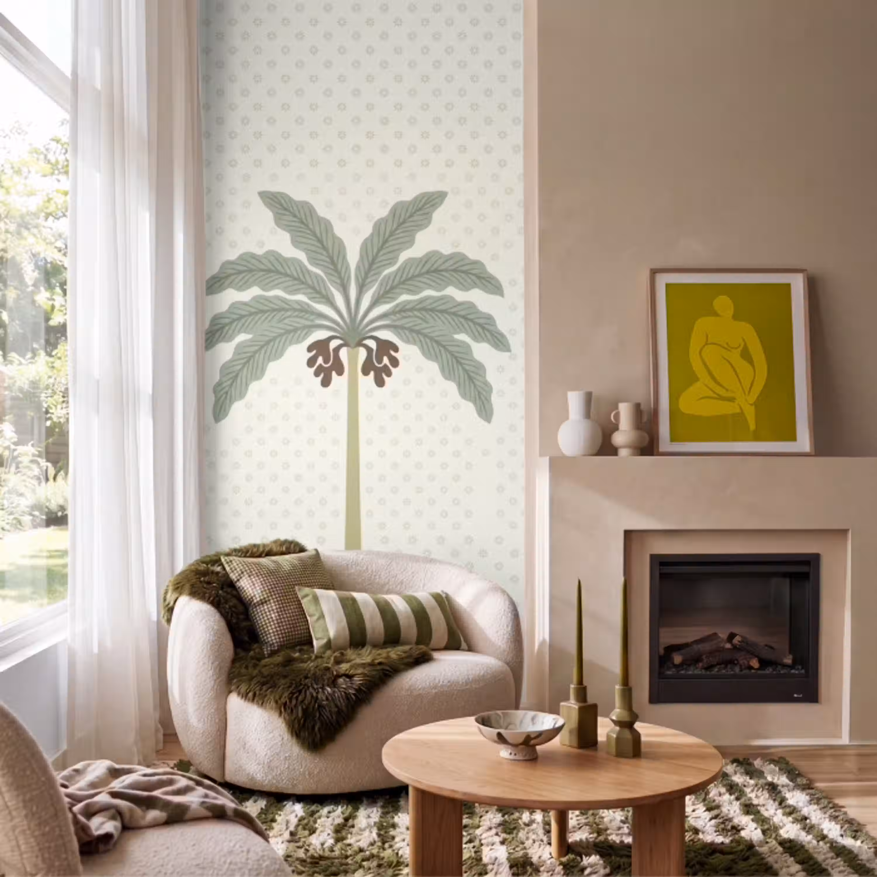 Boom - Bladeren - Groen - Decoratief - Beige Behang Vlies klein -sfeer2