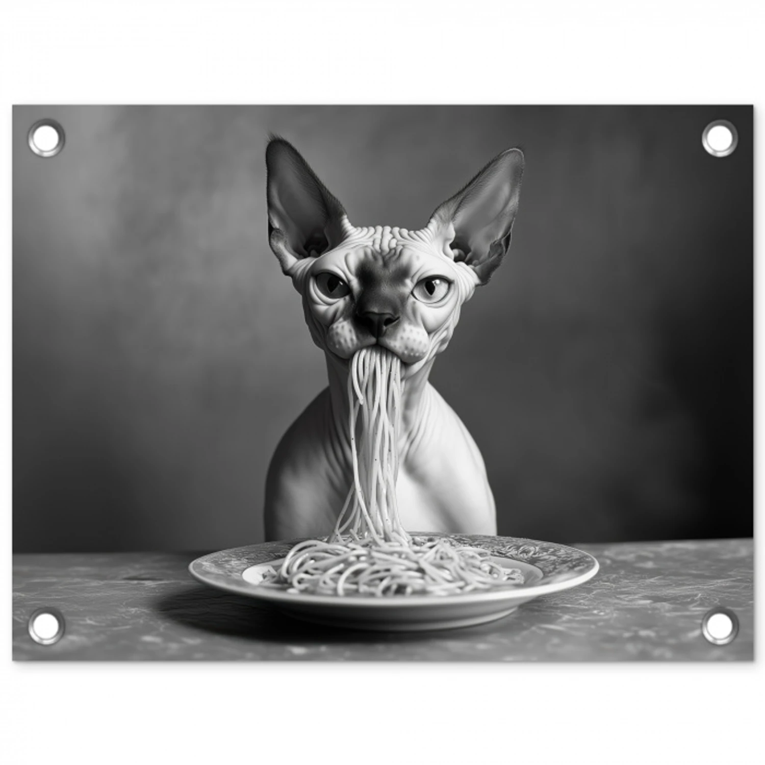 Sphynx - Kat - Dieren - Humor - Spaghetti - Zwart Wit tuinposter los doek klein -3d