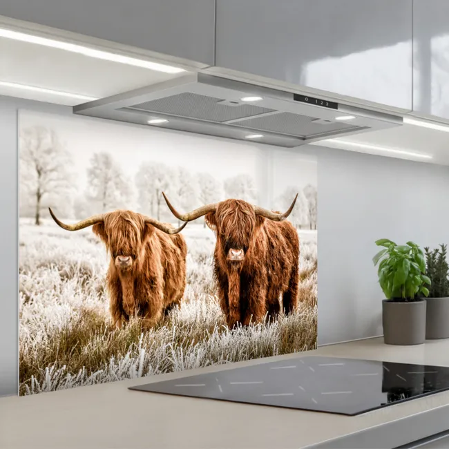 Spritzschutz Küche - Schottischer Hochländer - Kuh - Natur - Winter