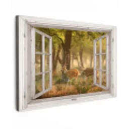 Herten - Bos - Herfst - Bosdieren - Natuur - Hert - Doorkijk Tuinposter op houten frame 2 cm dik klein -3d