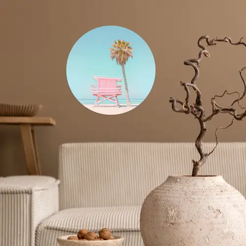 Palmboom - Strandhuis - Roze Wandcirkel behangsticker klein -sfeer1
