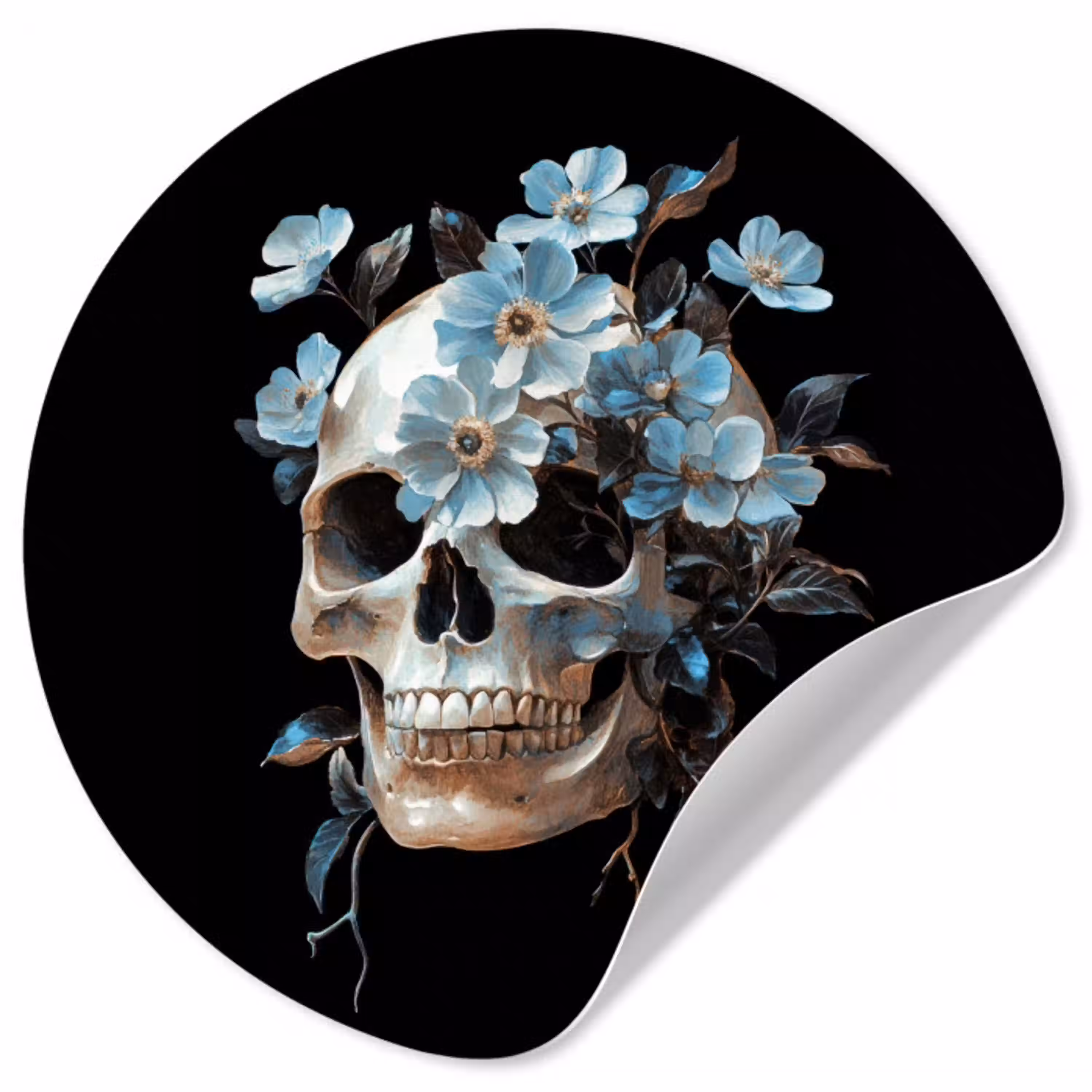 Schedel - Blauw - Bloemen - Bladeren Wandcirkel behangsticker klein -3d