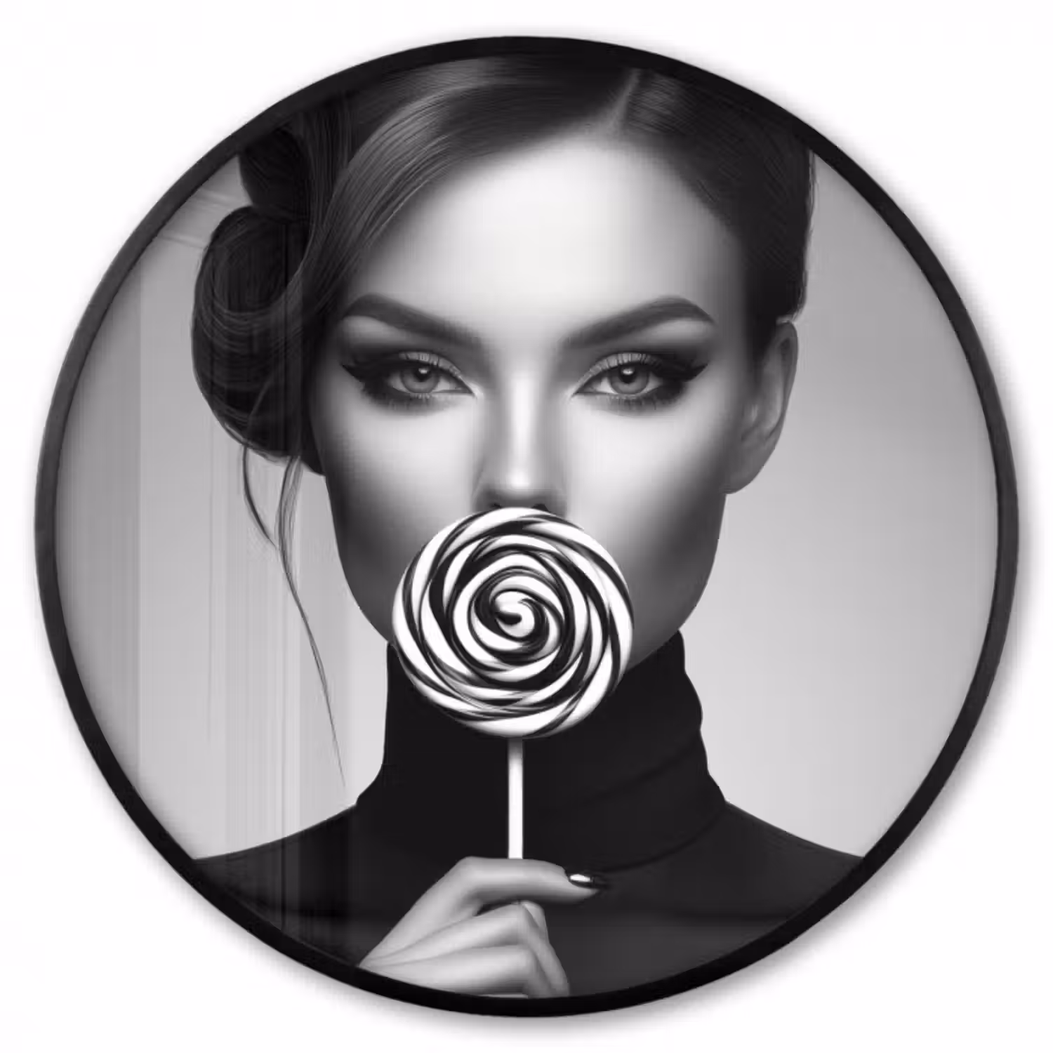 Poster im Rahmen Rund - Frau - Lolly - Schwarz