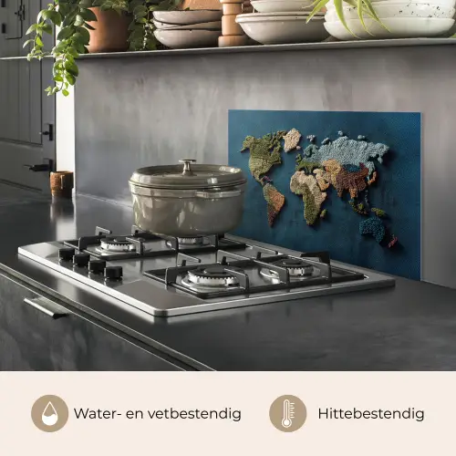 Wereldkaart - Geborduurd - Verschillende tinten keuken achterwand spatscherm klein -usp_NL