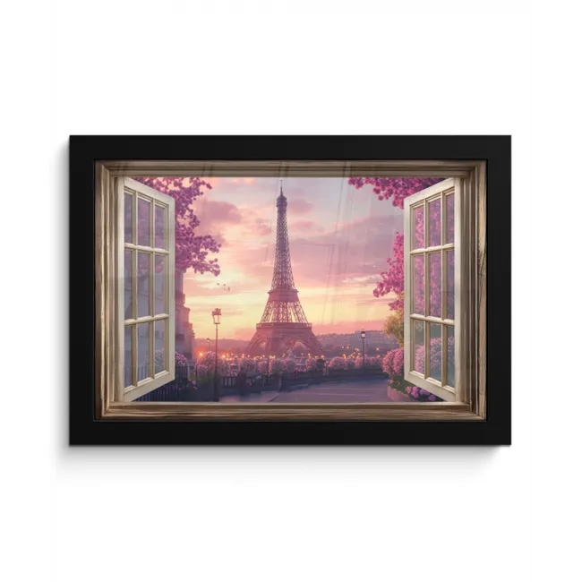 Doorkijk - Parijs - Eiffeltoren - Roze - Kersenbloesem fotolijst zwart zonder passe partout klein -3d