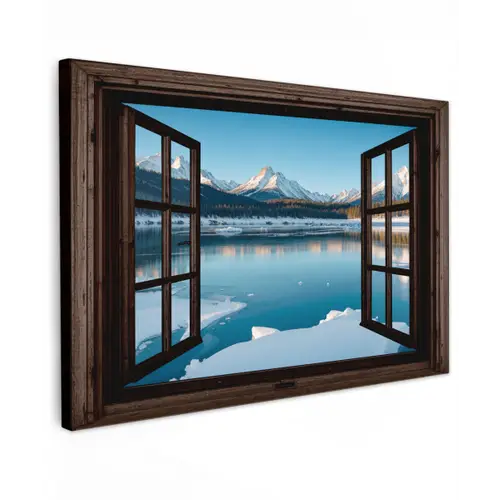 Doorkijk - Winterlandschap - Meer - Bergen - Uitzicht Tuinposter op houten frame 2 cm dik klein -3d