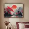 Rode zon - Rivier - brug - Bomen Textielframe zwart klein -sfeer1