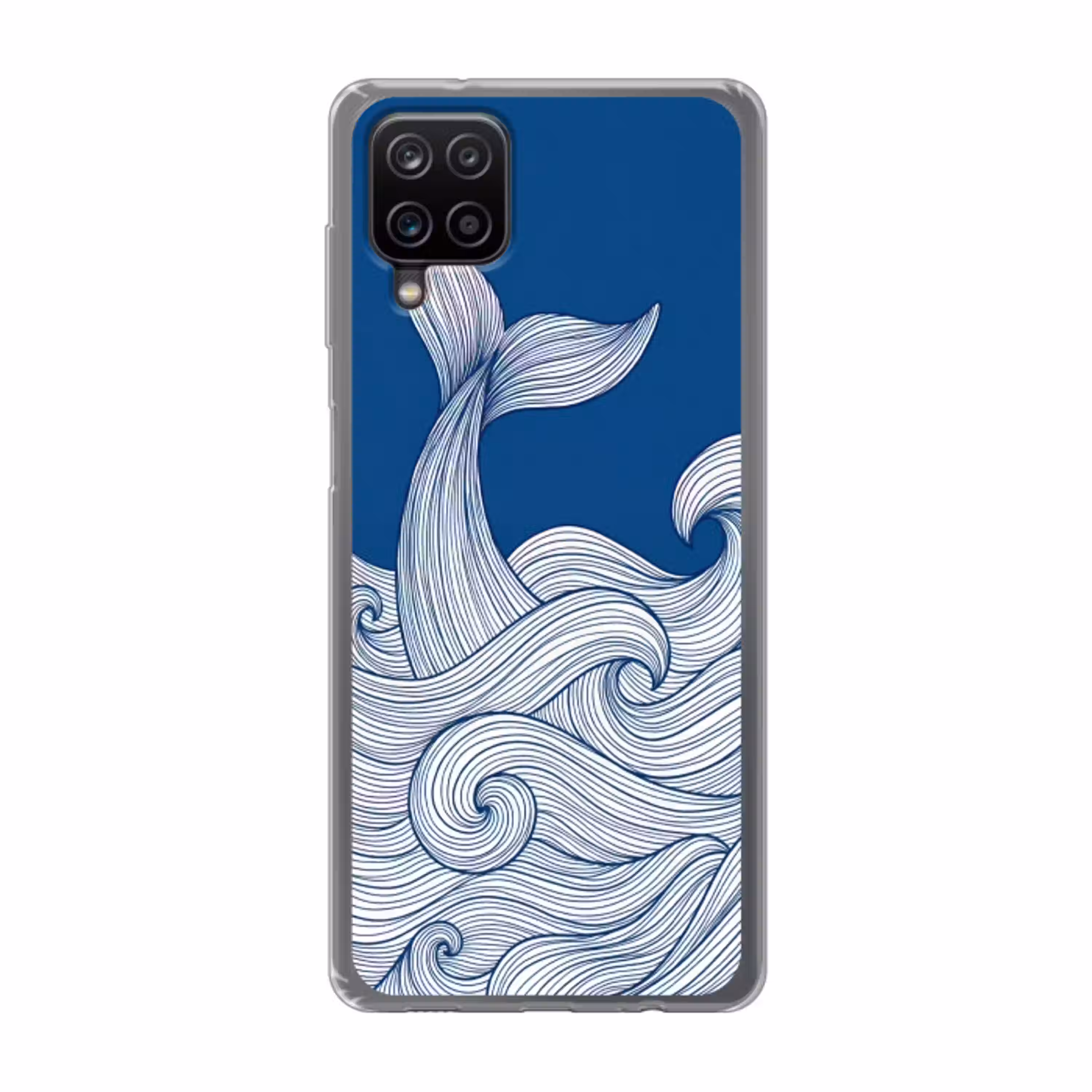 Walvis - Staart - Golven - Lijntekening - Blauw Telefoonhoesje Samsung Galaxy A12 klein -3d