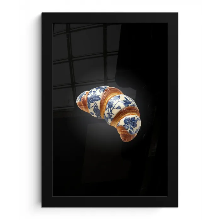 Croissant - Bloemenpatroon - Delftsblauw fotolijst zwart zonder passe partout klein -3d