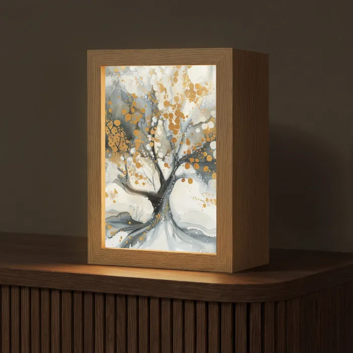 Boom - Modern - Abstract - Goud - Zwart - Wit Light Box met kabel (Tafellamp) klein -z3d_website