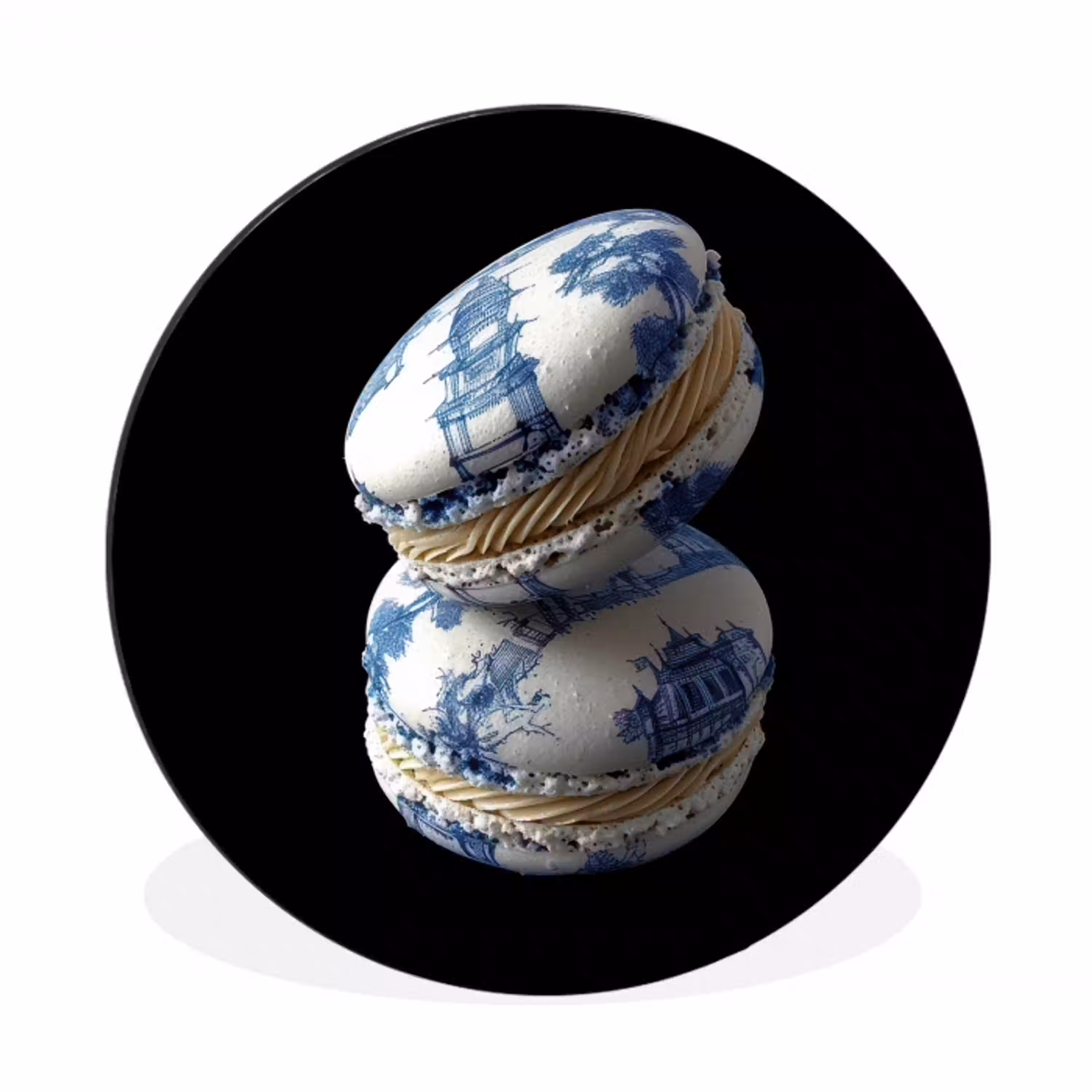 Eten - Macarons - Delfts blauw - Koekjes Wandcirkel aluminium klein -3d